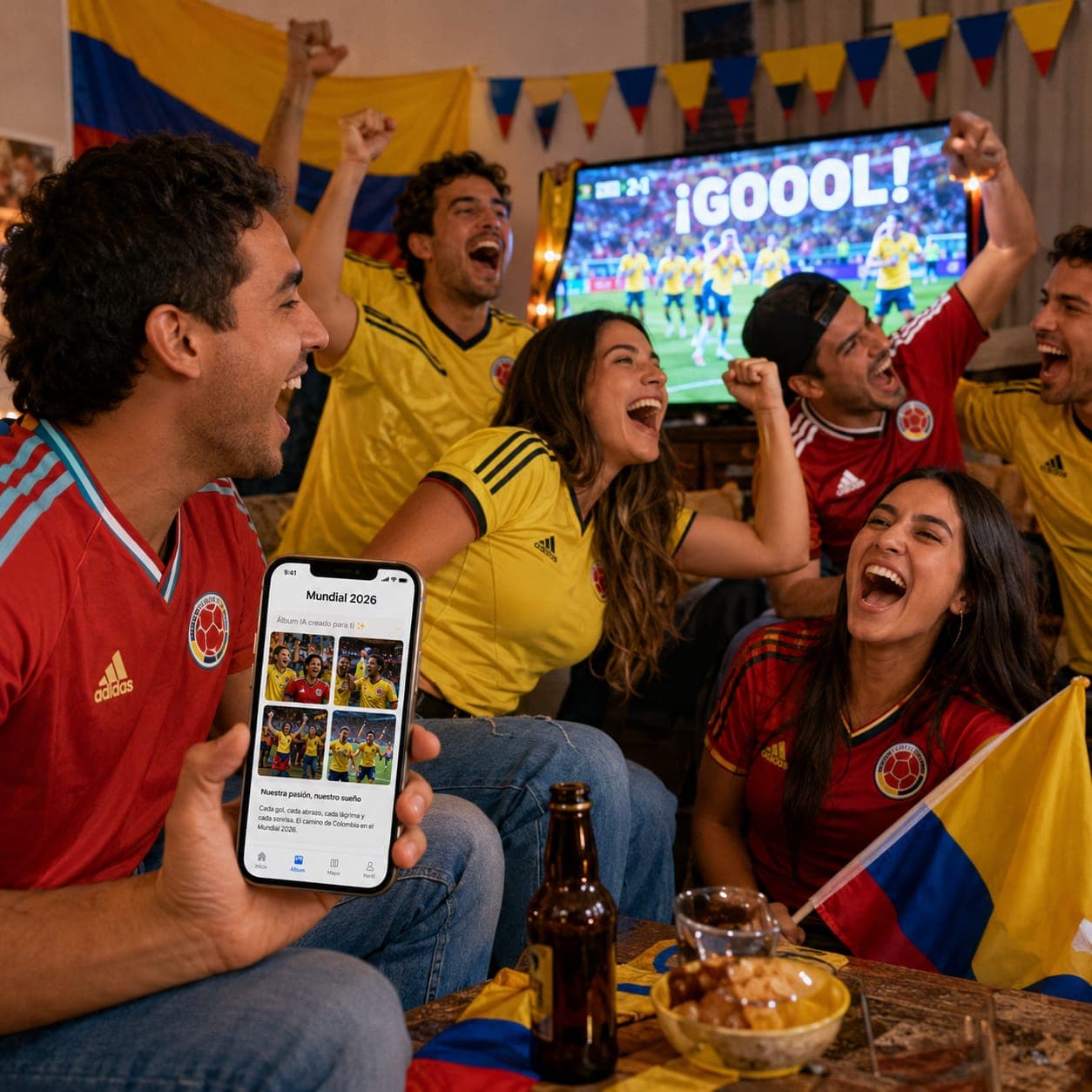Amigos colombianos celebrando el Mundial 2026 con NFC