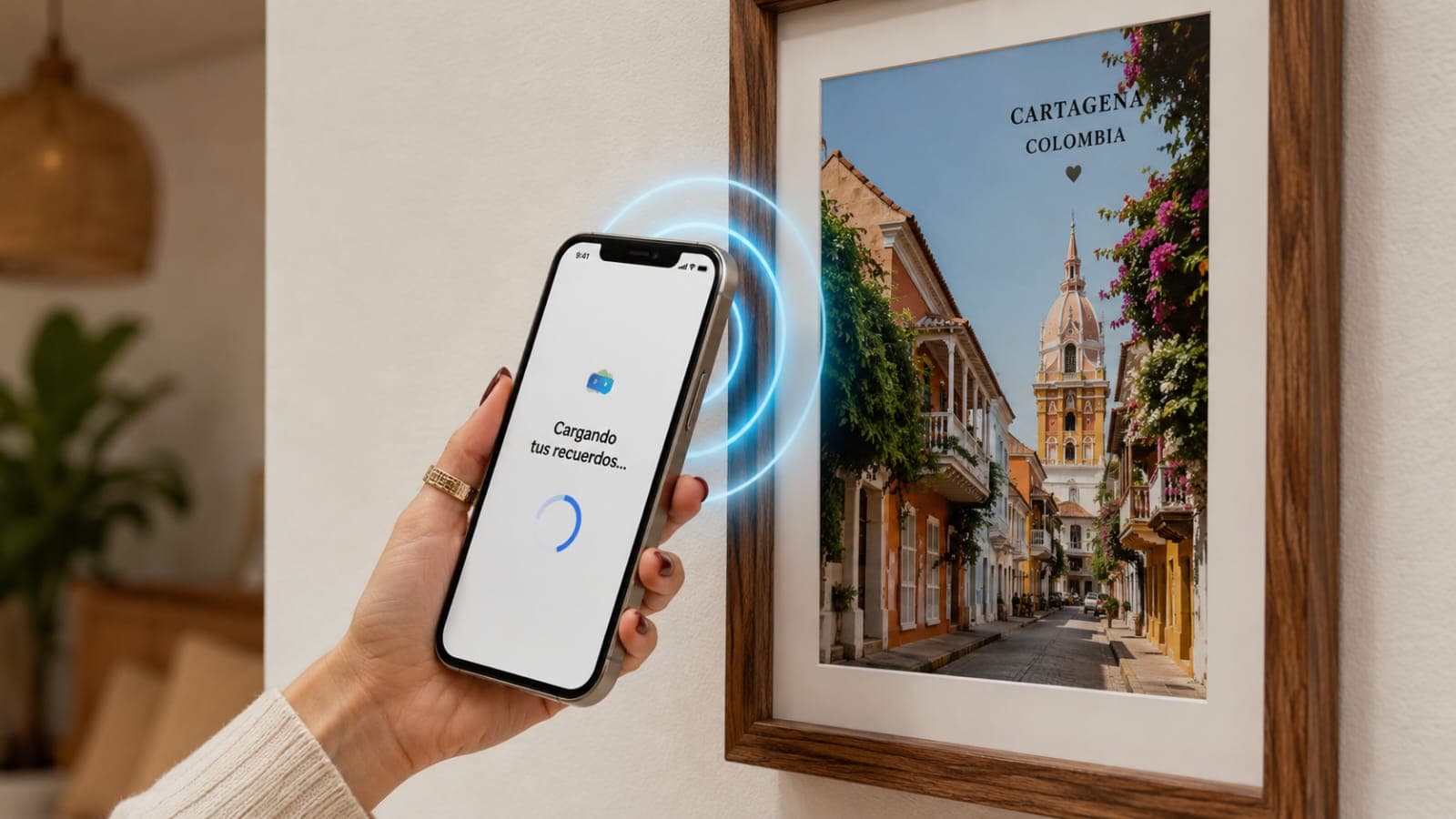 Mano acercando celular a portarretrato con glow NFC azul