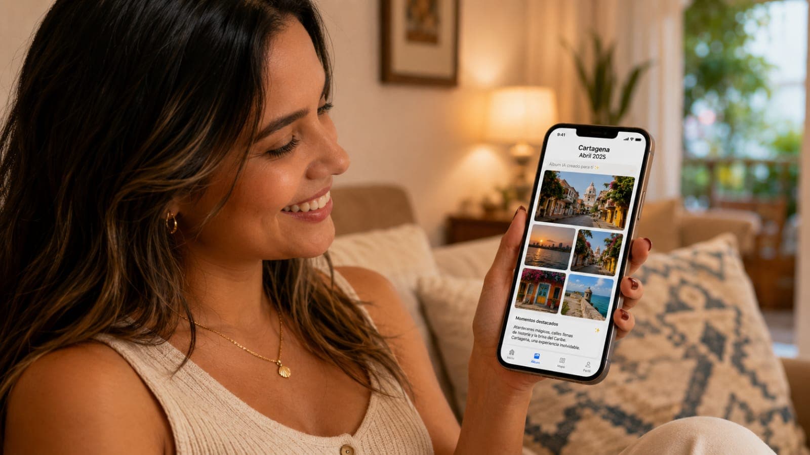Mujer viendo álbum digital en celular generado por IA